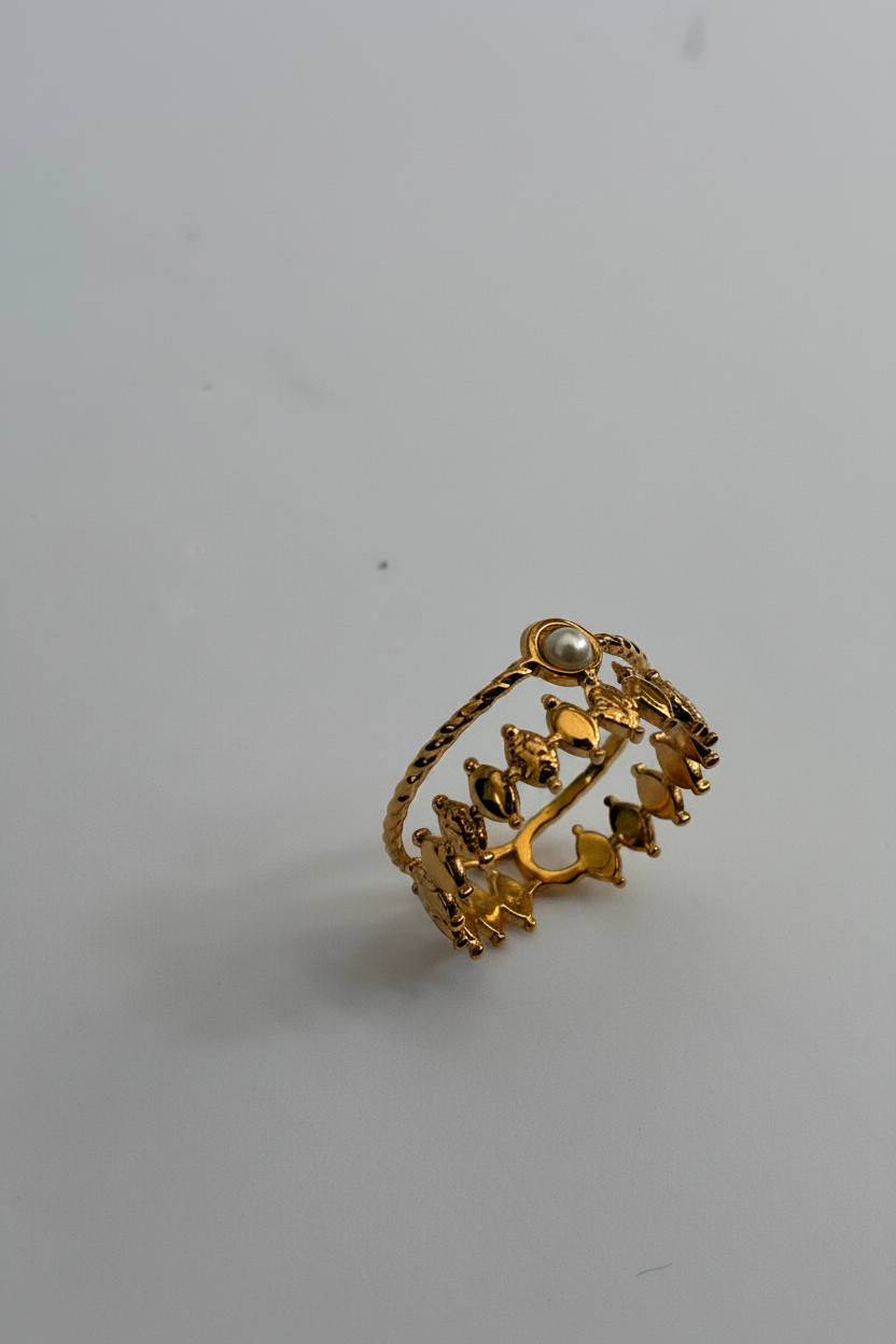 Bague Couronne Perle Dorée