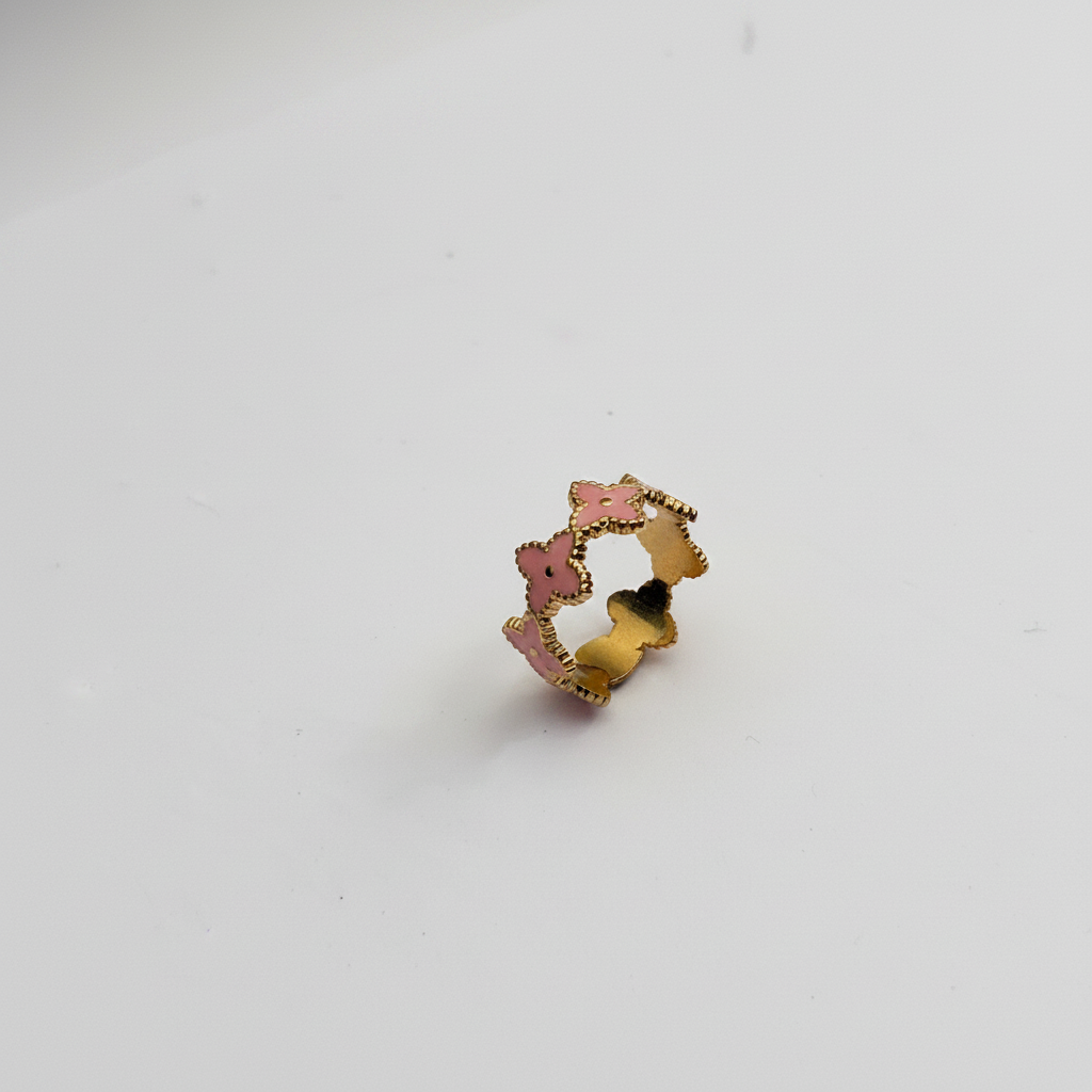 Bague Couronne Trèfles Rose Dorée