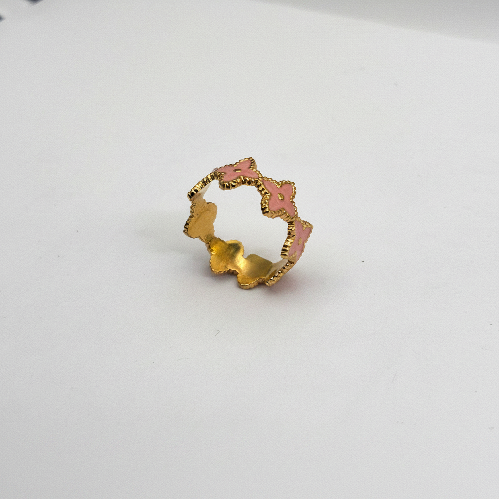 Bague Couronne Trèfles Rose Dorée