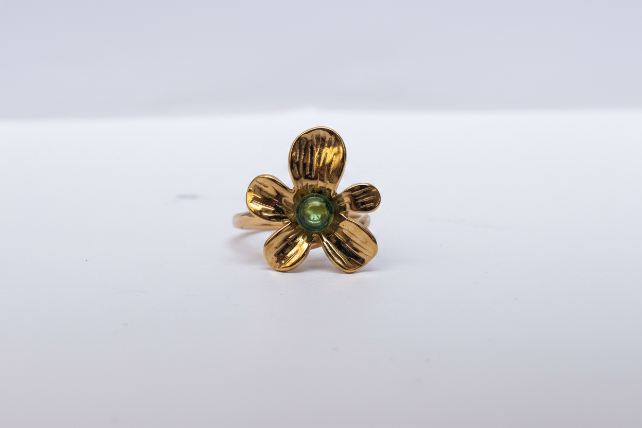 Bague Fleur Dorée Pierre Verte - vue 1