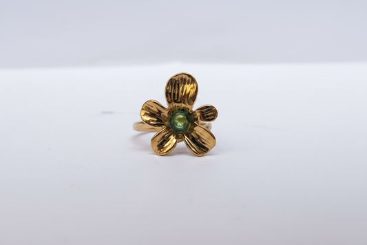 Bague Fleur Dorée Pierre Verte - vue 1
