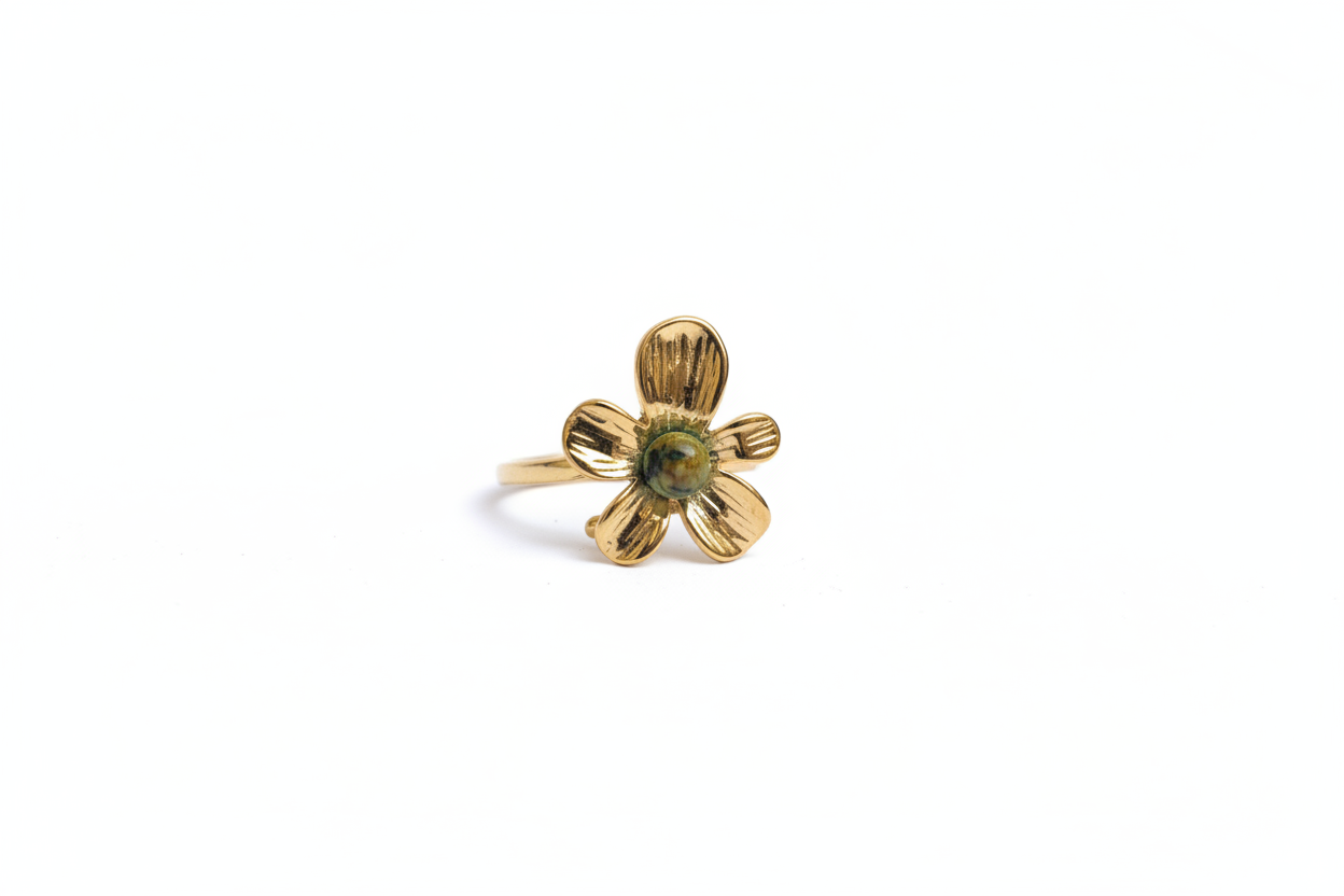 Bague Fleur Dorée Pierre Verte - vue 2