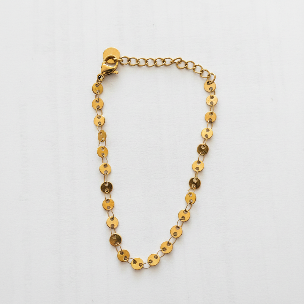 Bracelet sequins dorés flat lay fond blanc