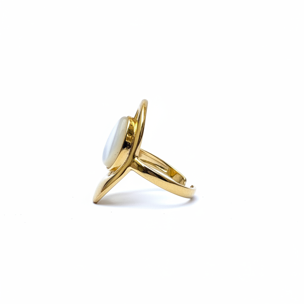 Bague dorée nacre goutte profil fond blanc