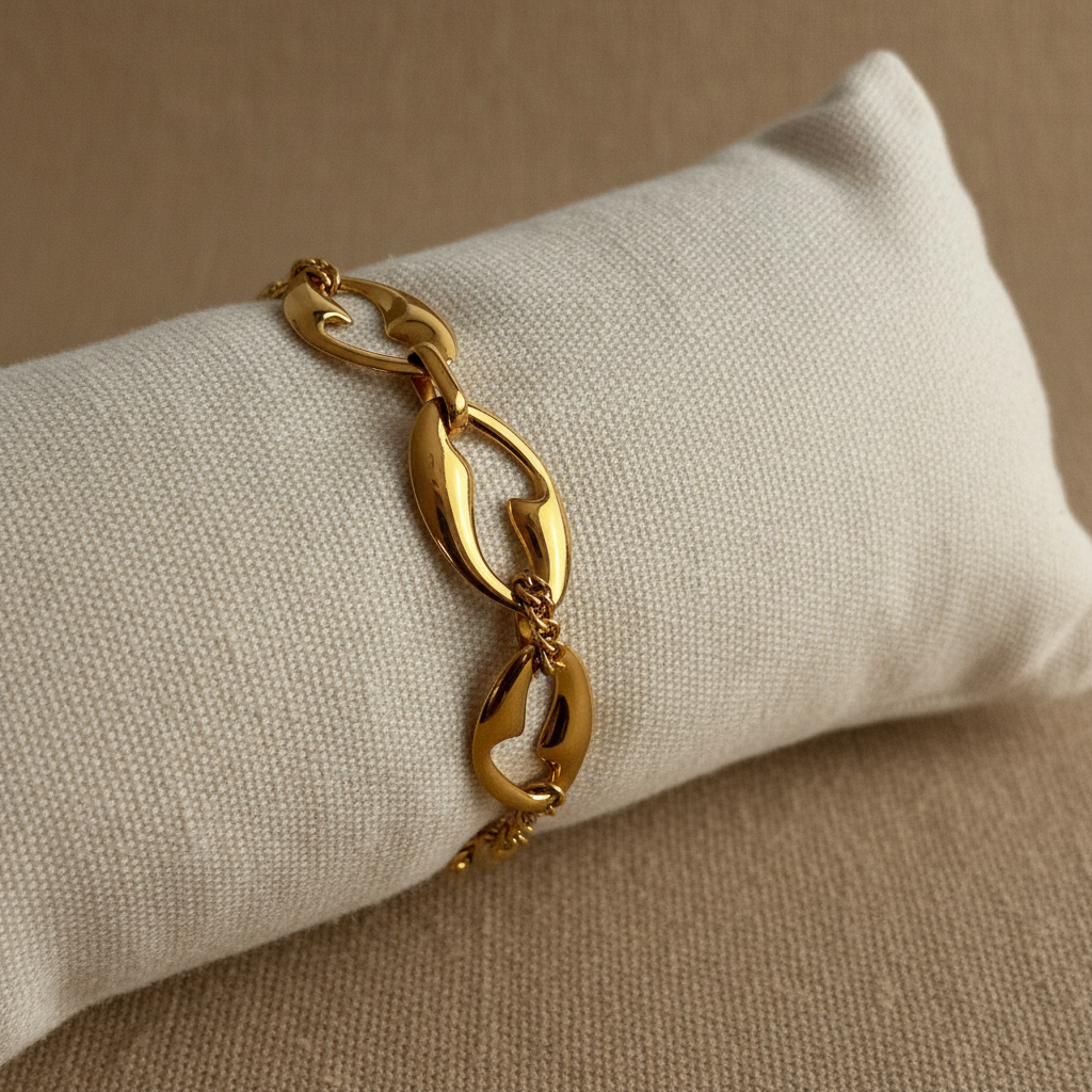 Bracelet grosses mailles dorées profil sur coussin lin